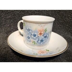 Vntg Cup & Saucer Hand Painted Liling China Blue & Pink Flowers  Dated 1986